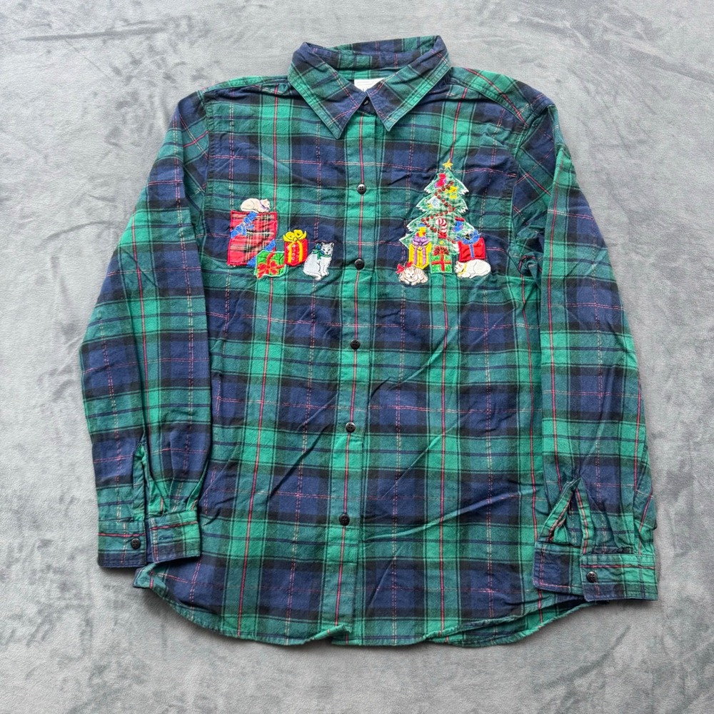 Casey & Max Christmas Cat Plaid Flannel Shirt Green Navy Metallic Lurex Medium